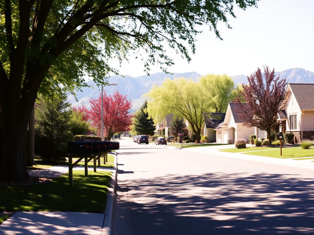 Tree-lined Treasure Valley street with mailboxes and mountains in the distance